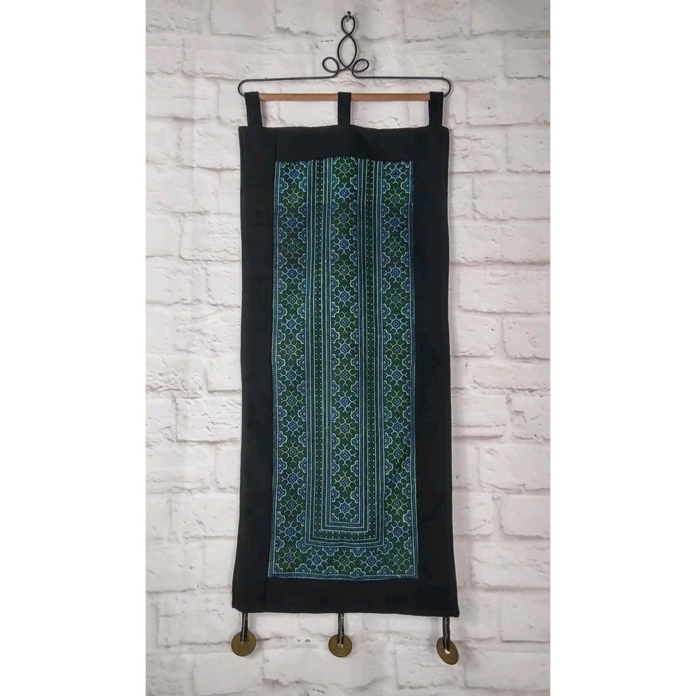 12"x30" Hand Embroidered Hmong Wall Hanging Wood Rod & Metal Decorative Hanger